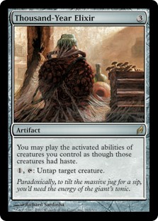 Thousand-Year Elixir
 You may activate abilities of creatures you control as though those creatures had haste.
{1}, {T}: Untap target creature.